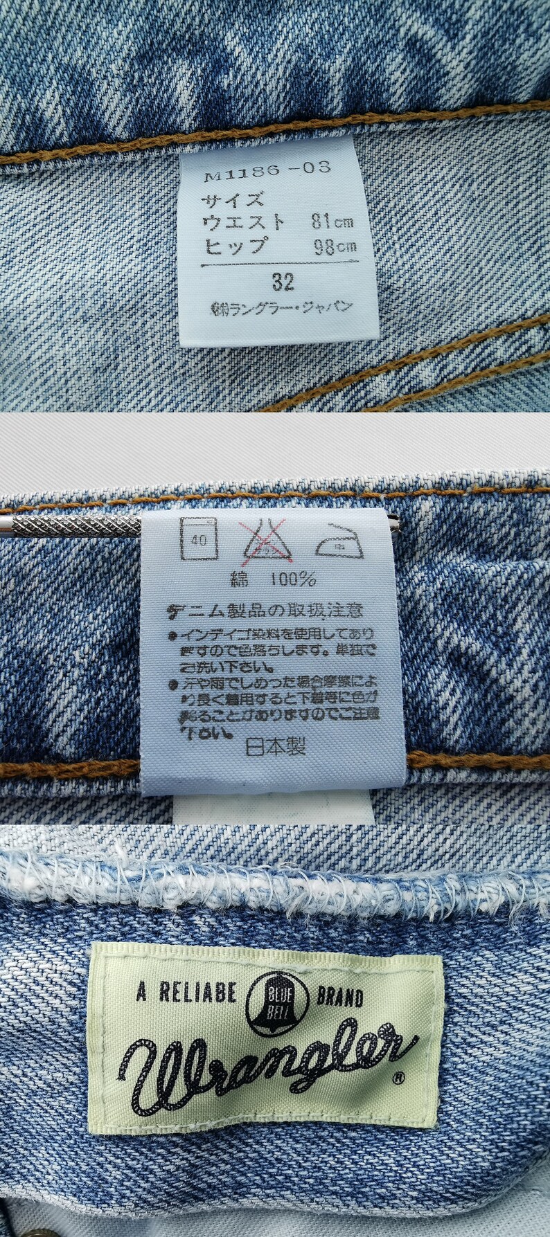 May include: Close-up of denim jeans labels. The labels show size details, including a waist measurement of 81 cm and a hip measurement of 98 cm. One label reads "Wrangler". Other labels provide care instructions.