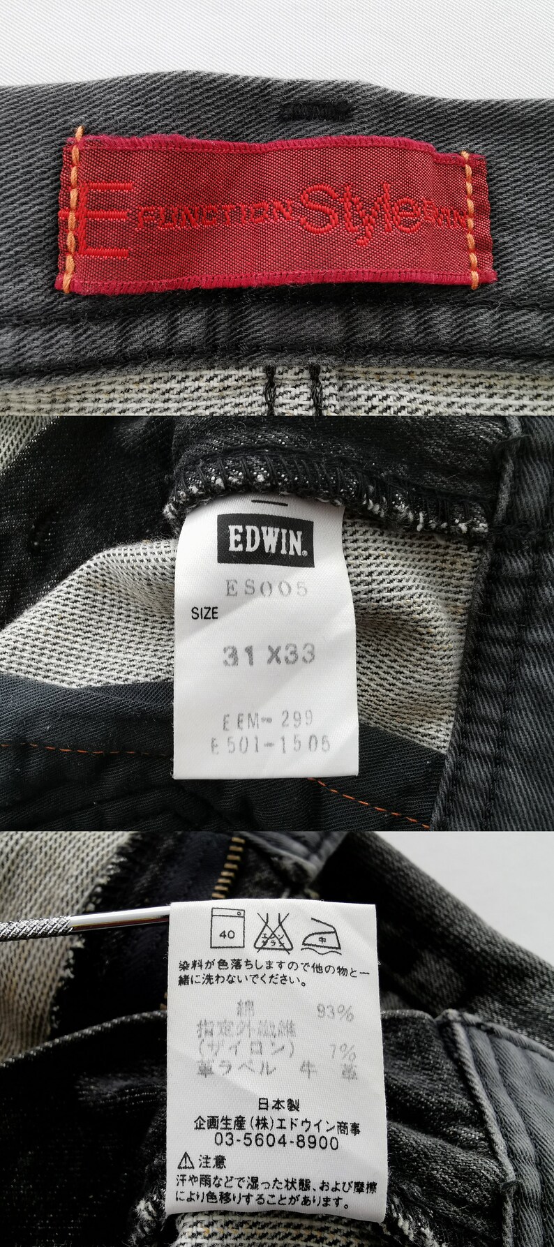 May include: Close-up of black denim jeans with visible tags. The tags display the brand "EDWIN", size 31x33, and care instructions. The jeans have a red tag with "Function Style" in orange lettering.