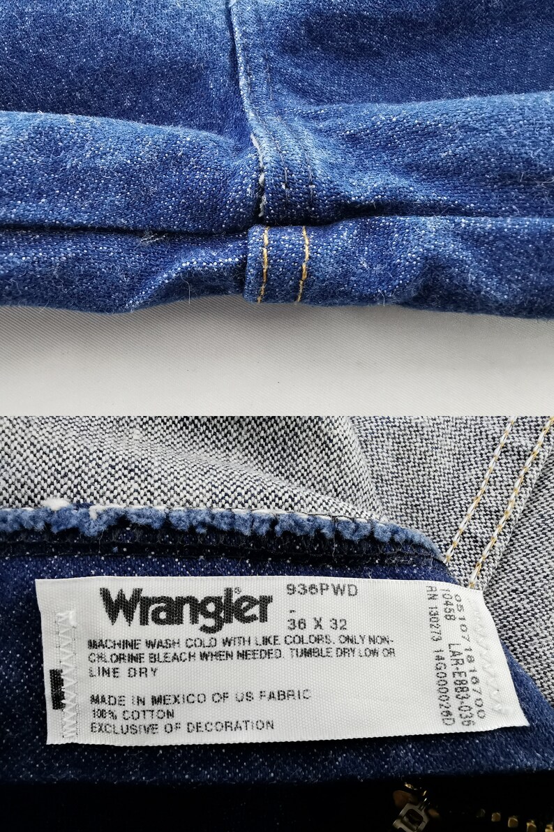 Puede incluir: Primer plano de unos vaqueros de mezclilla azules con una etiqueta Wrangler. La etiqueta indica una talla de 36 x 32. Los vaqueros est&aacute;n hechos de 100% algod&oacute;n y fabricados en M&eacute;xico.