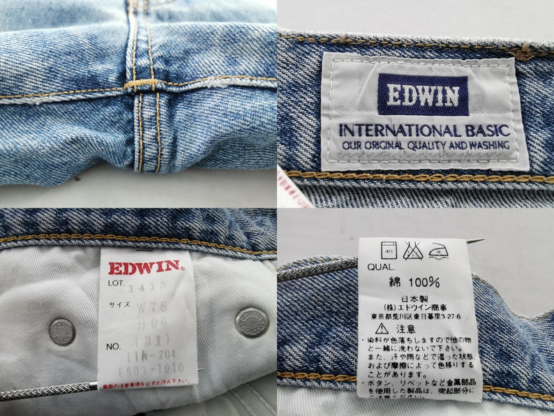Puede incluir: Primer plano de unos vaqueros de mezclilla azul claro con costuras y etiquetas visibles. Las etiquetas muestran la marca "EDWIN" y detalles como "INTERNATIONAL BASIC". Los vaqueros tienen un dise&ntilde;o cl&aacute;sico.