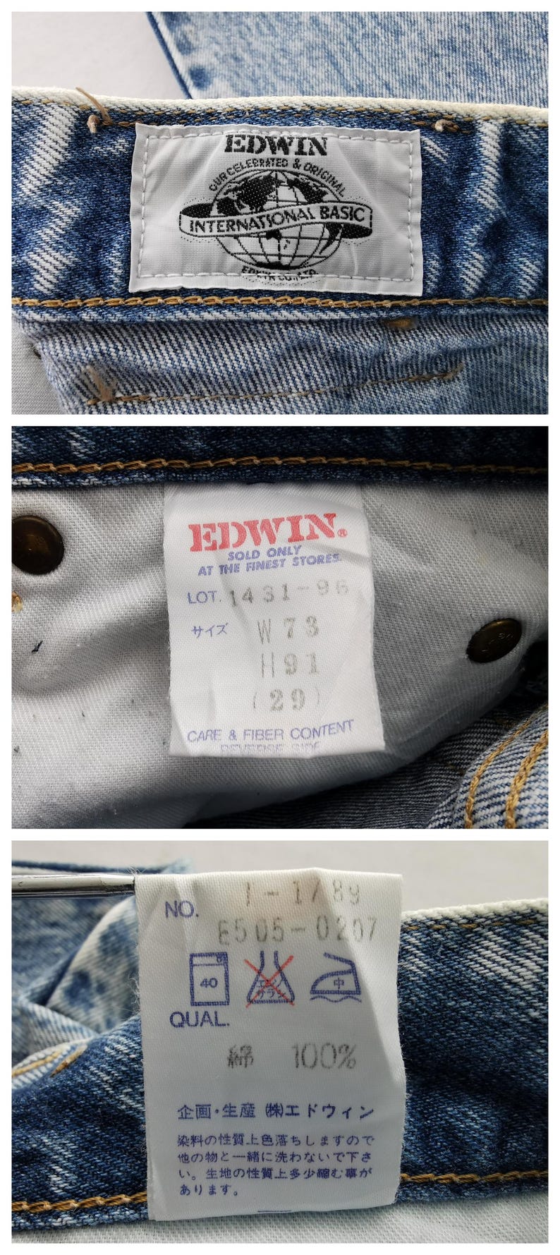 Puede incluir: Primer plano de las etiquetas interiores de unos vaqueros Edwin. Las etiquetas muestran el logotipo de la marca, la talla y las instrucciones de cuidado. Los vaqueros son 100% algod&oacute;n.