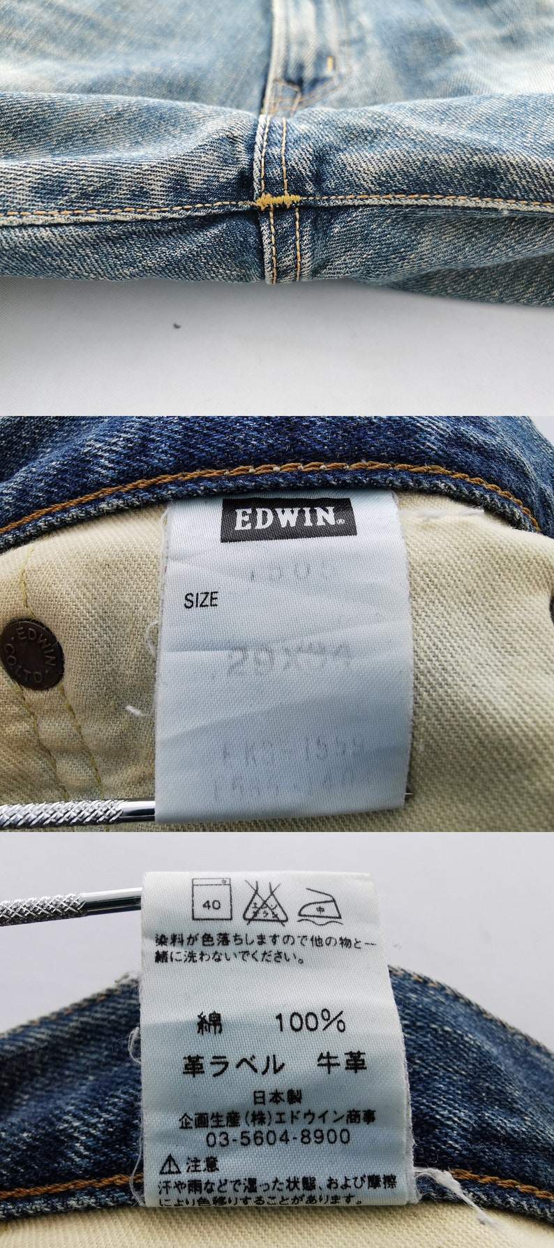 May include: Close-up of blue denim jeans with visible stitching and a white tag. The tag reads "EDWIN" and includes care instructions and fabric composition details. The jeans are made of 100% cotton.