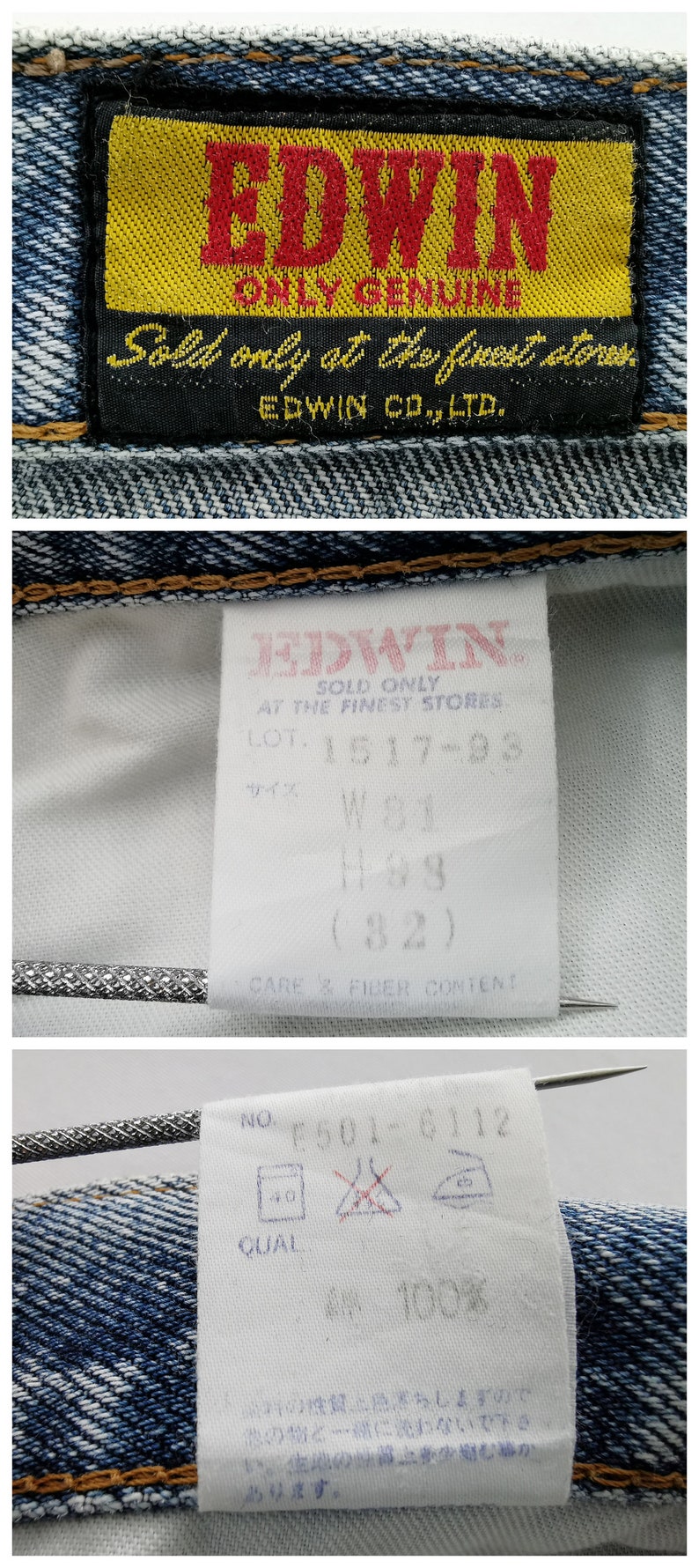 Op de afbeelding: Detail van een spijkerbroek met meerdere labels. Het hoofdlabel toont de merknaam "EDWIN" in rood op een gele achtergrond. Andere labels tonen maatdetails en wasvoorschriften. De spijkerbroek is blauw.