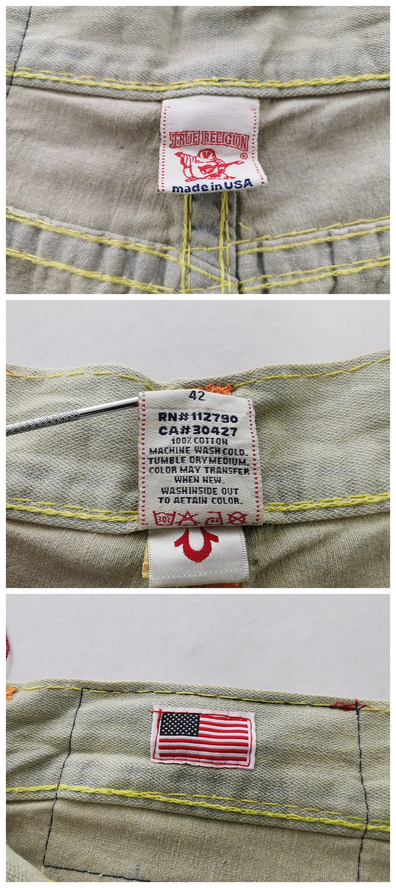 May include: Close-up of True Religion jeans labels. The labels include the brand logo, "made in USA" text, size 42, and care instructions. The jeans have yellow stitching and a small American flag patch.