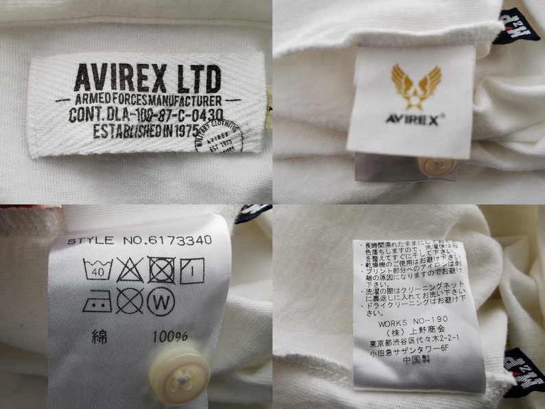 Puede incluir: Primer plano de una camisa blanca con varias etiquetas. Las etiquetas muestran la marca "AVIREX LTD" e incluyen texto como "ARMED FORCES MANUFACTURER" e instrucciones de lavado. La camisa tiene cierre de bot&oacute;n.