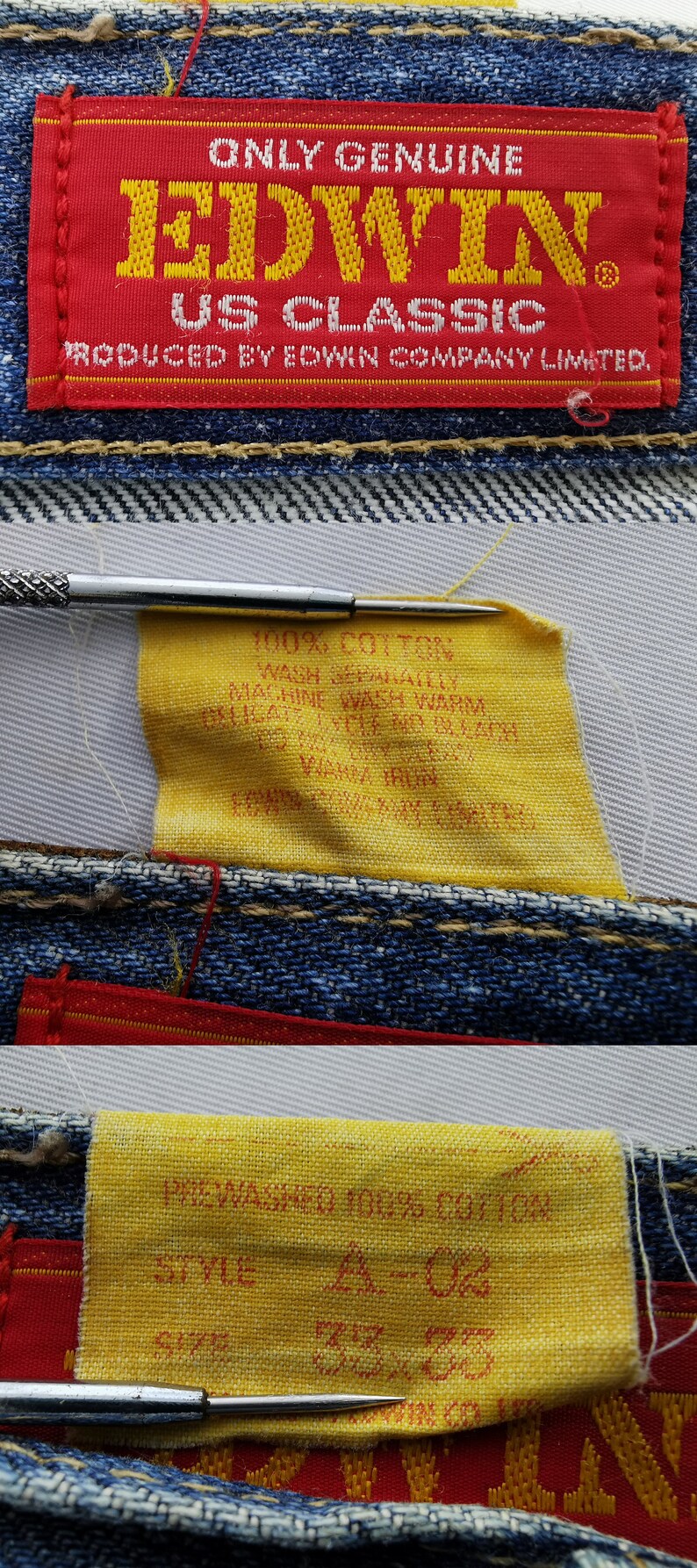 May include: Close-up of denim fabric with red and yellow labels. The red label reads "EDWIN US CLASSIC." A yellow label displays washing instructions and fabric content. A needle is positioned near the fabric.