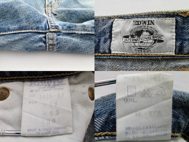 Puede incluir: Primer plano de vaqueros de mezclilla azules con m&uacute;ltiples etiquetas. Una etiqueta dice "EDWIN INTERNATIONAL BASIC". Otra etiqueta muestra informaci&oacute;n de tallas: W 26, H 93 y (30). Los vaqueros son 100% algod&oacute;n.
