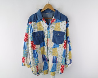 Sand Beige Vintage Shirt Sand Beige Patchwork Button Denim Shirt Size M