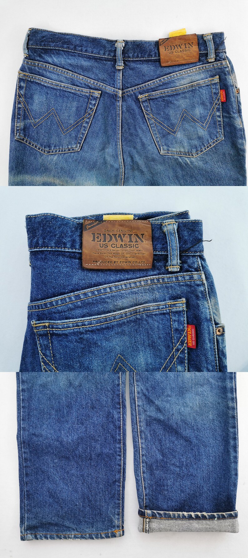 May include: Close-up of blue denim jeans with a classic five-pocket design. Features a brown leather patch with "EDWIN US CLASSIC" branding. The back pockets have a distinctive "W" stitch. A red "EDWIN" tag is visible.