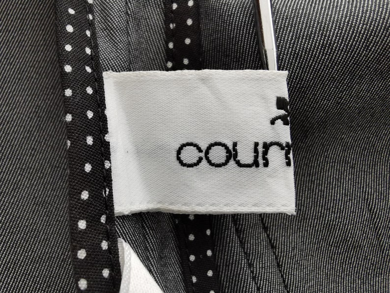 May include: Close-up of a white label with the word "count" in black script. The label is attached to a dark gray fabric with a subtle striped pattern. A black and white polka dot trim is visible.