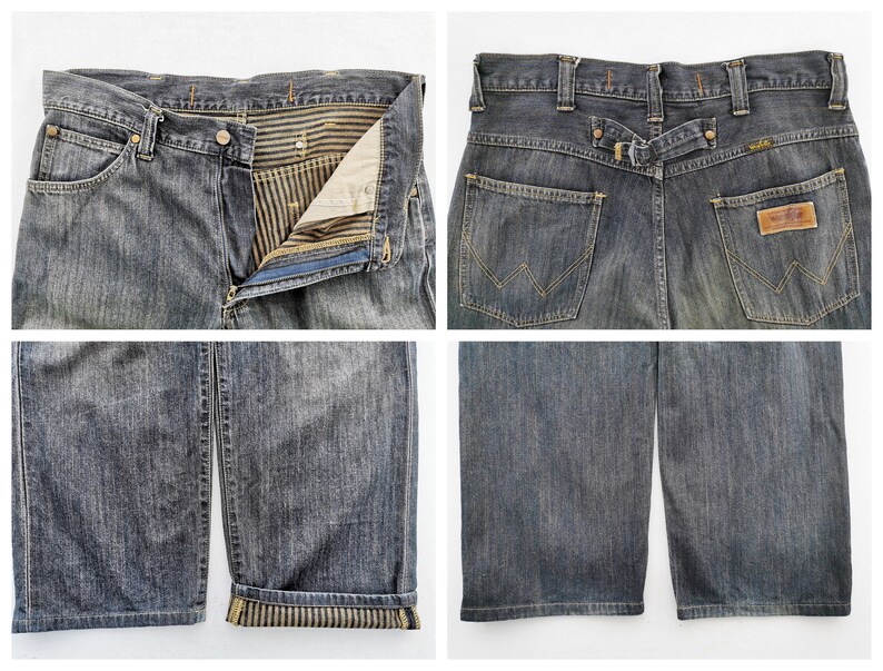 Peut inclure: Gros plans d'un jean en denim bleu d&eacute;lav&eacute;. Le jean pr&eacute;sente une fermeture boutonn&eacute;e et zipp&eacute;e, une conception classique &agrave; cinq poches et un patch en cuir avec le nom de la marque. Les revers sont retrouss&eacute;s, r&eacute;v&eacute;lant une doublure ray&eacute;e.