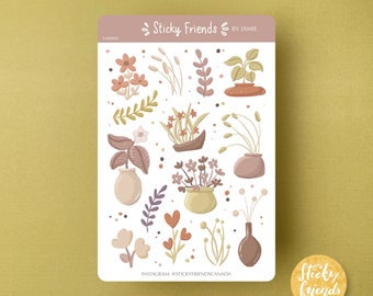 Bohemian Flower Stickers Boho Vintage Style Hand Draw Flower Bullet Journal Sticker Planner Sticker Pot and Plant Sticker Cute Sticker Sheet