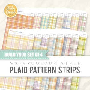 Op de afbeelding: Een verzameling geruite patroonstrips in aquarelstijl in verschillende pastelkleuren. De afbeelding bevat de tekst "Build Your Set of 4" en "Plaid Pattern Strips". De strips zijn gelabeld met codes zoals D-00001.
