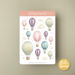 Feuille d'autocollants pour montgolfières, aquarelle, nuage, autocollants pour carnet de notes, autocollants pour agenda, autocollants pour pots et plantes, feuille d'autocollants mignons