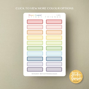 May include: A sheet of colourful planner stickers with rectangular boxes. The stickers are in various shades of pink, orange, yellow, green, blue, and purple. The text "Planner Essential Sticky Friends P-00070" is at the top of the sheet. The text "INSTAGRAM: @STICKYFRIENDSCANADA" is at the bottom of the sheet.