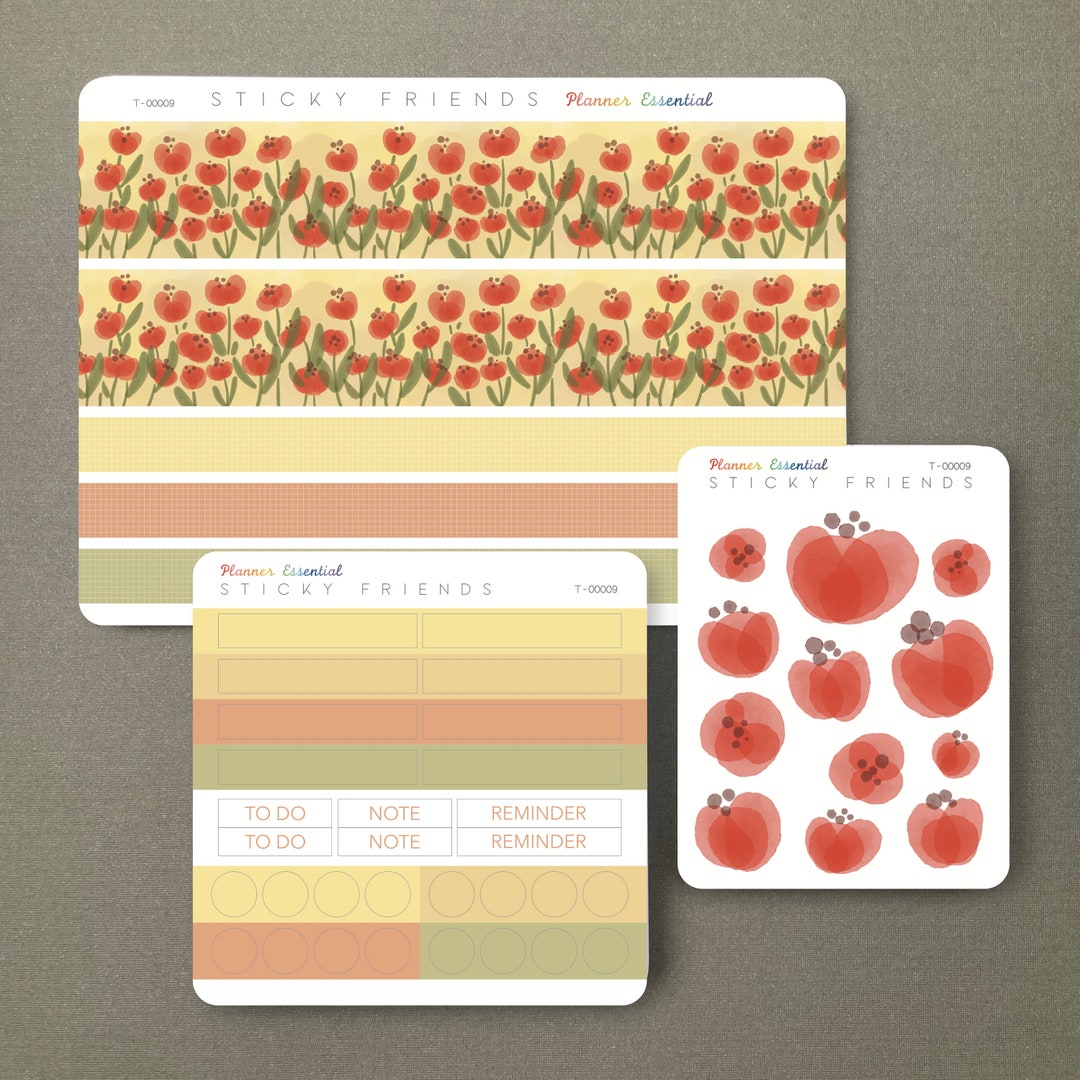 Poppy Flower Planner Sticker Set: Washi Tape, Functional Stickers - Etsy