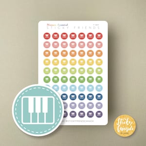 May include: A sheet of colourful planner stickers featuring piano keys in a rainbow of colours. The stickers are round with a piano key design. A separate sticker with a piano key design is also included.