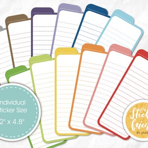 Puede incluir: Un conjunto de 10 notas adhesivas de colores con líneas, esquinas redondeadas y una pestaña en la parte superior. Las notas miden 5,1 cm por 12,2 cm y están dispuestas en forma de abanico. El texto "Sticky Friends by Jamie" está en un círculo amarillo en la esquina inferior derecha.