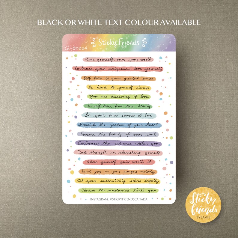 SELF LOVE Sentiments Sticker Sheet: Inspirational Quotes Pastel Rainbow ...