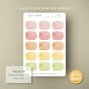 May include: A sheet of 18 watercolor sticker labels in various shades of pink, orange, and green. The stickers are rectangular and have a rounded edge. The stickers are arranged in three rows of six. The sheet is labeled "Planner Essential Sticky Friends W-00004".