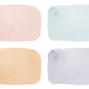 May include: Four watercolor swatches in different colors: light pink, light blue, light orange, and light purple. The swatches are rectangular and have a slightly textured appearance.