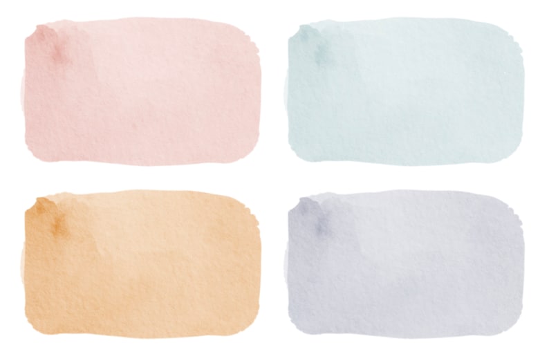 May include: Four watercolor swatches in different colors: light pink, light blue, light orange, and light purple. The swatches are rectangular and have a slightly textured appearance.