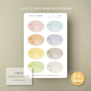 May include: A sheet of 8 watercolor oval stickers in various pastel colors. The stickers are 4.15 cm by 3 cm and are labeled "Sticky Friends" with the text "Planner Essential" and "W-00005".