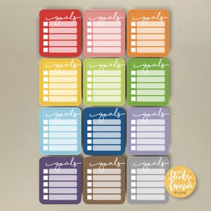 Puede incluir: Doce notas adhesivas cuadradas de colores para la lista de objetivos con la palabra "goals" escrita en cursiva blanca en cada nota. Las notas están dispuestas en tres filas de cuatro. Las notas están en los siguientes colores: rojo, rosa, naranja, amarillo, verde, azul claro, azul oscuro, morado, gris, marrón y gris claro. Las notas están sobre un fondo marrón claro. El texto "Sticky Friends by Jamie" está en un círculo en la esquina inferior derecha de la imagen.