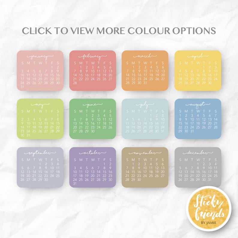 Puede incluir: Un conjunto de calendario de doce meses con tarjetas rectangulares individuales para cada mes, cada una en un color pastel diferente con texto blanco. El texto dice CLICK TO VIEW MORE COLOUR OPTIONS e incluye un logotipo circular de Sticky Friends.