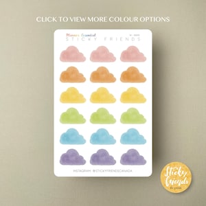 May include: A sheet of cloud-shaped stickers in various pastel colors: pink, orange, yellow, green, blue, and purple. The stickers are labeled "Planner Essential STICKY FRIENDS". The image also includes the text "CLICK TO VIEW MORE COLOUR OPTIONS".