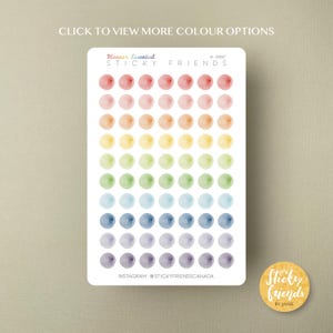 May include: A sheet of rainbow watercolor dot stickers. The stickers are arranged in rows of 7, with each row a different color. The colors are red, orange, yellow, green, blue, purple, and gray. The sheet is labeled "Planner Essential Sticky Friends W-00007" and "INSTAGRAM @STICKYFRIENDSCANADA".