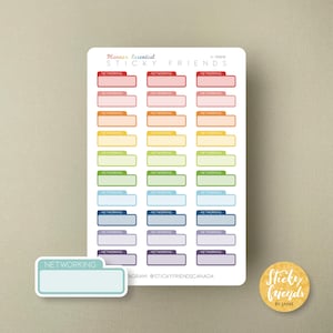 May include: A sheet of colourful planner stickers with the text "Networking" in a variety of colours. The stickers are rectangular and have a blank space for writing. The sheet is labelled "Planner Essential Sticky Friends A-00008".