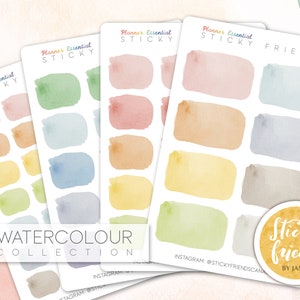 May include: Four sheets of watercolor planner stickers with a variety of colors and shapes. The stickers are labeled "Planner Essential Sticky" and "Sticky Friends".