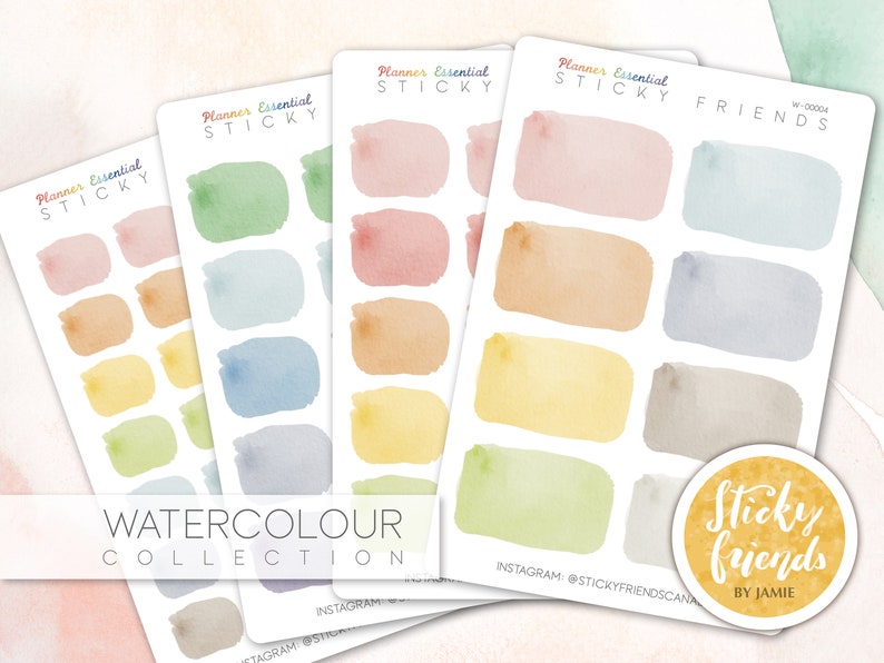 May include: Four sheets of watercolor planner stickers with a variety of colors and shapes. The stickers are labeled "Planner Essential Sticky" and "Sticky Friends".