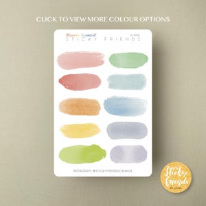 May include: A sheet of planner stickers with watercolour brushstrokes in pastel colours. The stickers are labelled "Sticky Friends" and include the Instagram handle @stickyfriendscanada. A small round sticker with the text "Sticky Friends by Jamie" is also present.