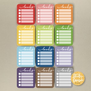 May include: Twelve colorful square checklists with the word "books" written in white cursive at the top of each checklist. Each checklist has six blank lines with a check box next to each line. The checklists are arranged in three rows of four checklists each. The checklists are in the following colors: red, pink, orange, yellow, green, light blue, dark blue, purple, gray, brown, and light gray.