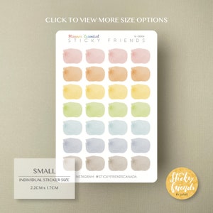 May include: A sheet of 36 small, round, watercolor stickers in various shades of pink, orange, yellow, green, blue, and brown. The stickers are arranged in six rows of six. The text "Planner Essential Sticky Friends" is at the top of the sheet. The text "SMALL" is at the bottom left of the sheet. The text "INDIVIDUAL STICKER SIZE 2.2CM x 1.7CM" is below the text "SMALL". The text "INSTAGRAM: @STICKYFRIENDSCANADA" is at the bottom right of the sheet. A round sticker with the text "Sticky Friends BY JAMIE" is at the bottom right of the sheet.