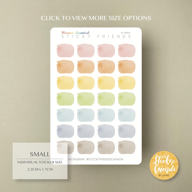 May include: A sheet of 36 small, round, watercolor stickers in various shades of pink, orange, yellow, green, blue, and brown. The stickers are arranged in six rows of six. The text "Planner Essential Sticky Friends" is at the top of the sheet. The text "SMALL" is at the bottom left of the sheet. The text "INDIVIDUAL STICKER SIZE 2.2CM x 1.7CM" is below the text "SMALL". The text "INSTAGRAM: @STICKYFRIENDSCANADA" is at the bottom right of the sheet. A round sticker with the text "Sticky Friends BY JAMIE" is at the bottom right of the sheet.