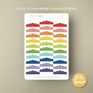 May include: A sheet of rainbow coloured scalloped cloud stickers. The stickers are arranged in a rainbow pattern from red to purple. The sheet is labelled "Planner Essential Sticky Friends P-00101".