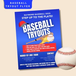 Editable flyer, Baseball Try Outs Flyer, Baseball Sign up Flyer, Canva Flyer, Flyer Template, Baseball Advertisement, Sign up Flyer