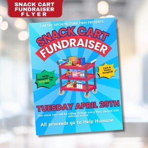 Büro-Snack-Wagen-Spendenaktion, Büro-Spendenaktion, Snack-Wagen-Flyer, Büro-Flyer, Canva-Vorlage, Snack-Wagen-Event