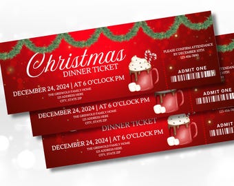 Könnte beinhalten: Rote und grüne Weihnachts-Dinner-Ticket-Vorlage mit einem festlichen Design, das eine Tasse heiße Schokolade mit Marshmallows und Zuckerstangen zeigt. Der Text lautet "Weihnachts-Dinner-Ticket" und enthält das Datum, die Uhrzeit und den Ort der Veranstaltung. Bitte bestätigen Sie Ihre Teilnahme bis zum 10. Dezember, 123-456-7890.  Eintritt für eine Person.