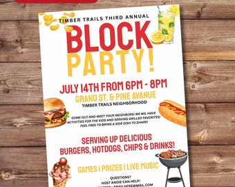 May include: A flyer for a block party in the Timber Trails neighborhood. The flyer is red, yellow, and white with images of food, drinks, and games. The party is on July 14th from 6pm to 8pm at Grand St. & Pine Avenue. The flyer says "Come out and meet your neighbors! We will have activities for the kids and serving grilled favorites! Feel free to bring a side dish to share!"  "Serving up delicious burgers, hotdogs, chips & drinks!"  "Games | Prizes | Live Music"  "Questions? Host Andie can help! 123-456-7890 - emailhere@mail.com"