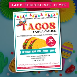 Peut inclure: Une affiche colorée annonçant une collecte de fonds de tacos pour l'équipe de basketball du collège South Glen. L'affiche présente une image de tacos en dessin animé, une maraca et un prix de 2 € par taco avec garnitures. L'événement est prévu pour le samedi 12 juin de 11h à 15h au gymnase de South Glen.
