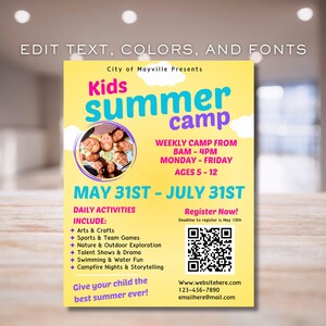 Peut inclure: Une affiche jaune et rose annon&ccedil;ant un camp d'&eacute;t&eacute; pour enfants. L'affiche pr&eacute;sente un groupe d'enfants souriants et le texte "Kids Summer Camp" en gros caract&egrave;res gras. L'affiche comprend &eacute;galement des informations sur le camp, telles que les dates, les heures et les &acirc;ges des enfants qui peuvent y participer. L'affiche comprend un code QR pour l'inscription.