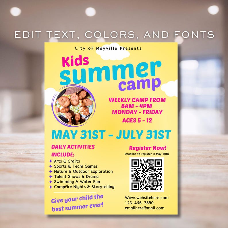 Peut inclure: Une affiche jaune et rose annon&ccedil;ant un camp d'&eacute;t&eacute; pour enfants. L'affiche pr&eacute;sente un groupe d'enfants souriants et le texte "Kids Summer Camp" en gros caract&egrave;res gras. L'affiche comprend &eacute;galement des informations sur le camp, telles que les dates, les heures et les &acirc;ges des enfants qui peuvent y participer. L'affiche comprend un code QR pour l'inscription.