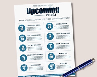Events Schedule, Upcoming Events Flyer, Company Events Flyer, Schedule of Events Flyer, Editable Flyer