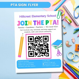 Könnte beinhalten: Ein weißer PTA-Flyer für die Hillcrest Elementary School mit dem Text JOIN THE PTA!, einem großen zentralen QR-Code mit rosa Rand, einer gelben Bleistiftillustration, einem blauen Buch, einer lila Schere und Listen von Schulaktivitäten.
