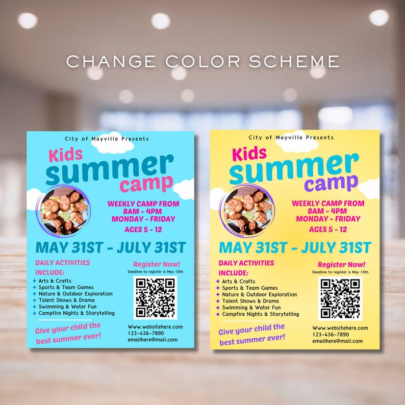 Peut inclure: Deux d&eacute;pliants color&eacute;s annon&ccedil;ant un camp d'&eacute;t&eacute; pour enfants. Les d&eacute;pliants sont bleus et jaunes avec une photo d'enfants en cercle. Le texte sur les d&eacute;pliants dit "Kids Summer Camp" et comprend les dates du 31 mai au 31 juillet. Les d&eacute;pliants comprennent &eacute;galement un code QR et des coordonn&eacute;es.