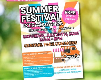 Summer Festival Flyer Template • Editable Event Poster with Food Trucks, Live Music, Vendors & Family Activities • Printable Canva Design